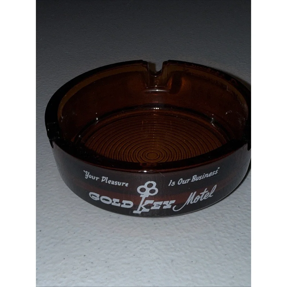 Gold Key Motel Smoky Glass Ashtray  Vintage Motel Barware 3.5